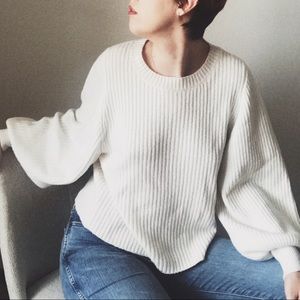 French Connection Cream/Off-White Balloon-Sleeve Crewneck Ribbed Sweater